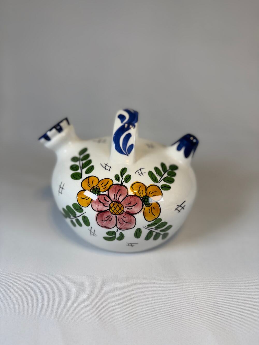 Vtg Spanish Botijo Hand Painted Ceramic Water Jug Floral Folk Art Double Spout